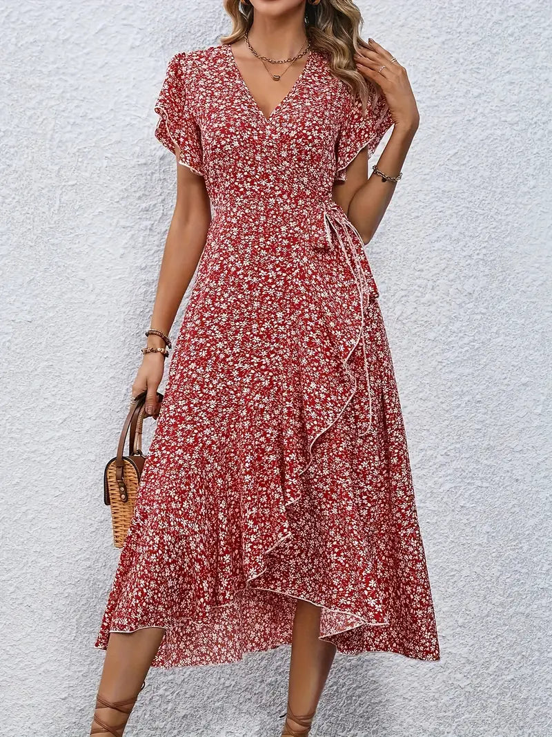 Women's dress with wrap closure and tie belt
