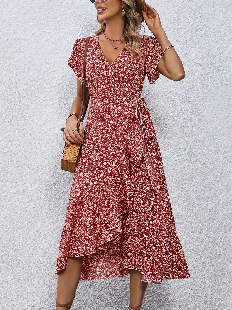 Women's dress with wrap closure and tie belt