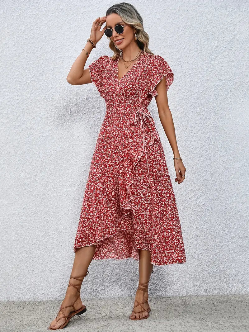 Women's dress with wrap closure and tie belt