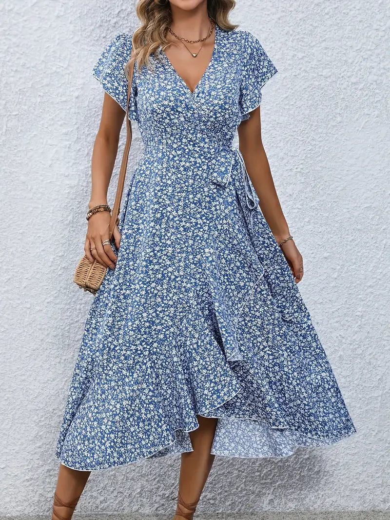 Women's dress with wrap closure and tie belt
