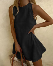 Women's linen blend dress with a round neckline