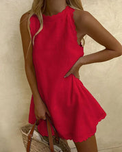 Women's linen blend dress with a round neckline