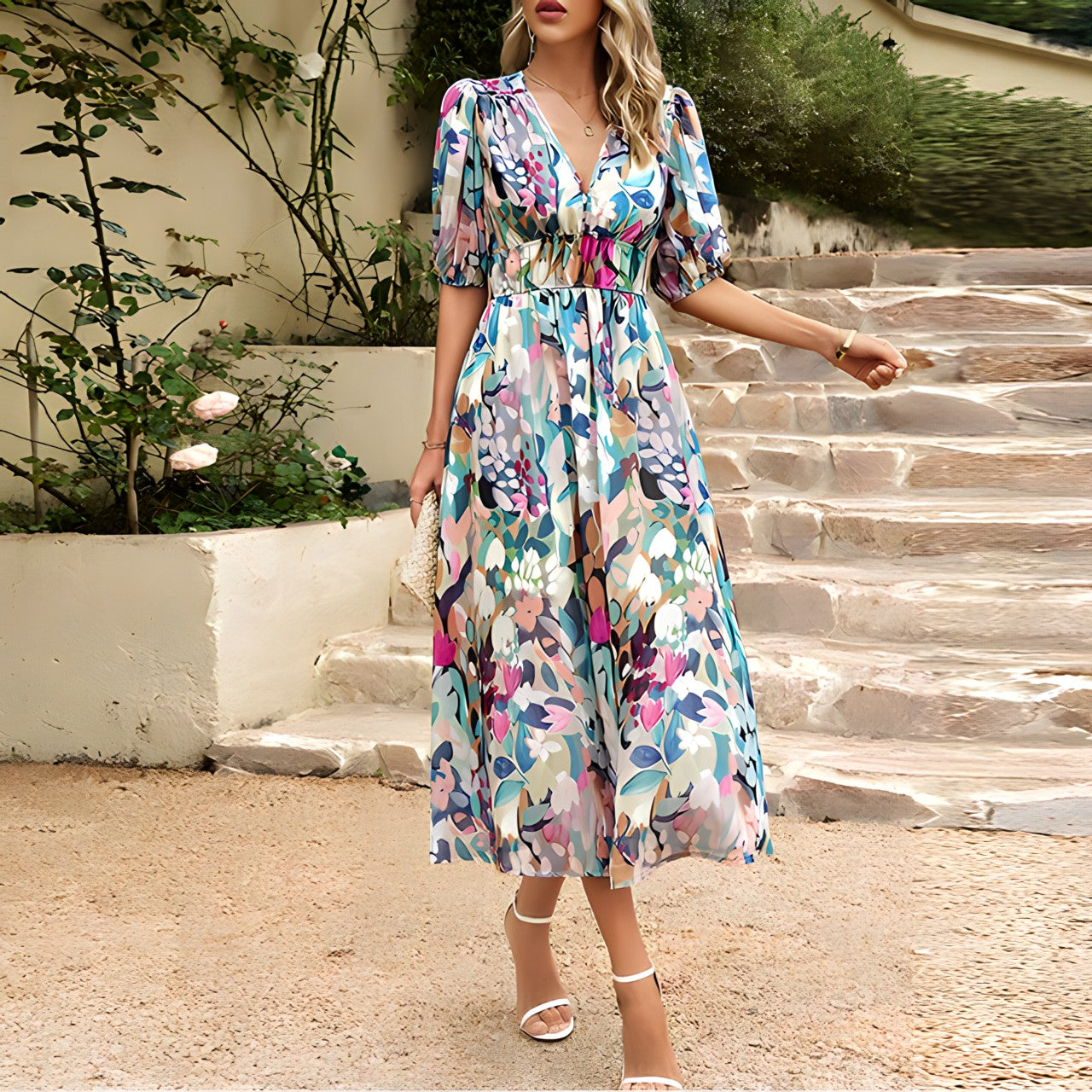 Women's Casual Maxi Dress with V-Neck and Puff Sleeves