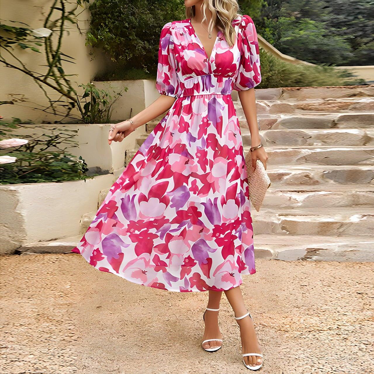 Women's Casual Maxi Dress with V-Neck and Puff Sleeves