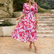 Women's Casual Maxi Dress with V-Neck and Puff Sleeves