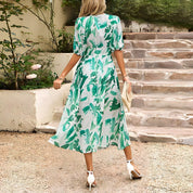 Women's Casual Maxi Dress with V-Neck and Puff Sleeves
