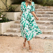Women's Casual Maxi Dress with V-Neck and Puff Sleeves