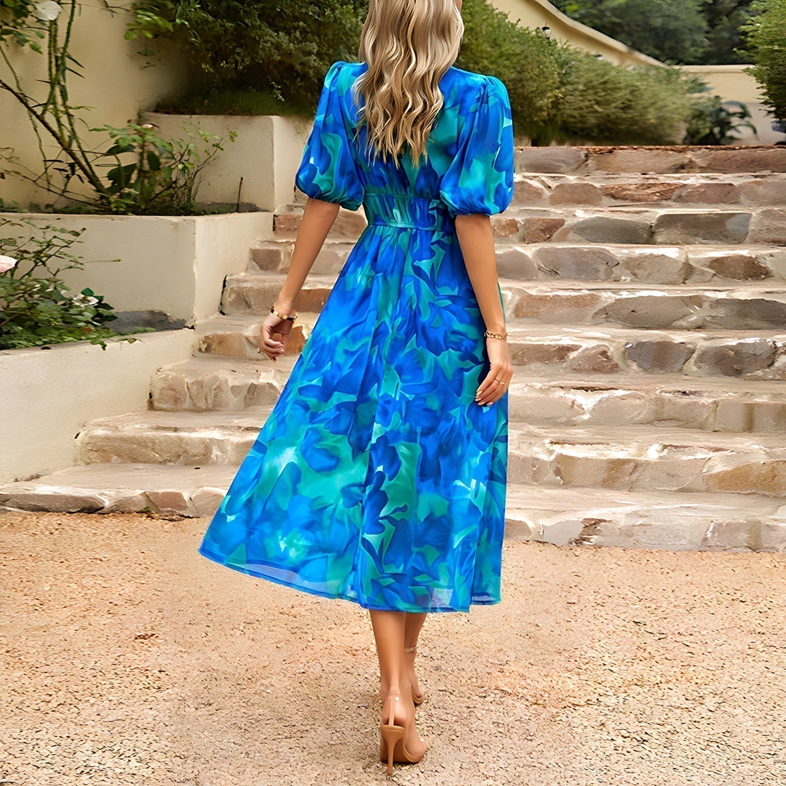 Women's Casual Maxi Dress with V-Neck and Puff Sleeves