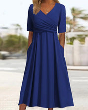 Women's V-Neck Midi Dress with Flared Skirt