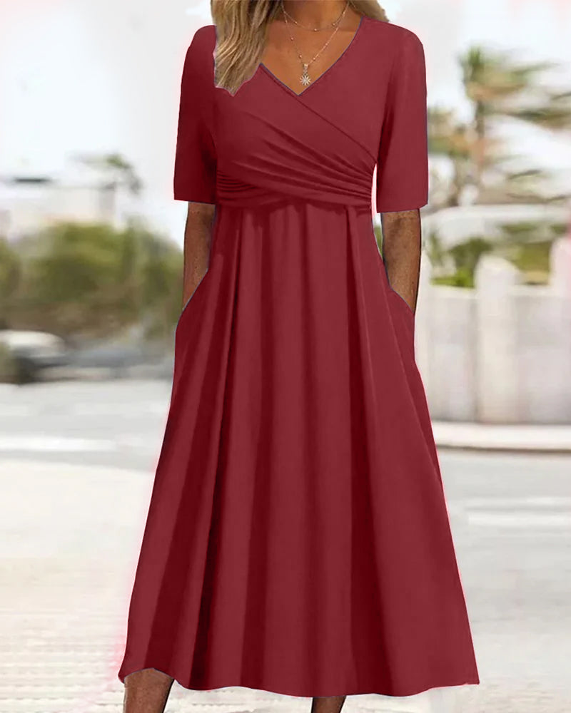 Women's V-Neck Midi Dress with Flared Skirt