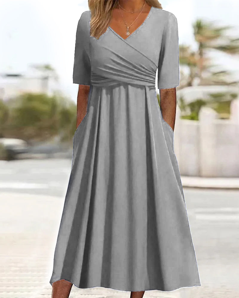 Women's V-Neck Midi Dress with Flared Skirt