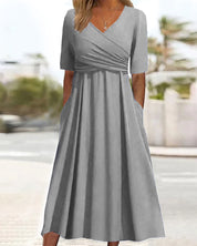 Women's V-Neck Midi Dress with Flared Skirt