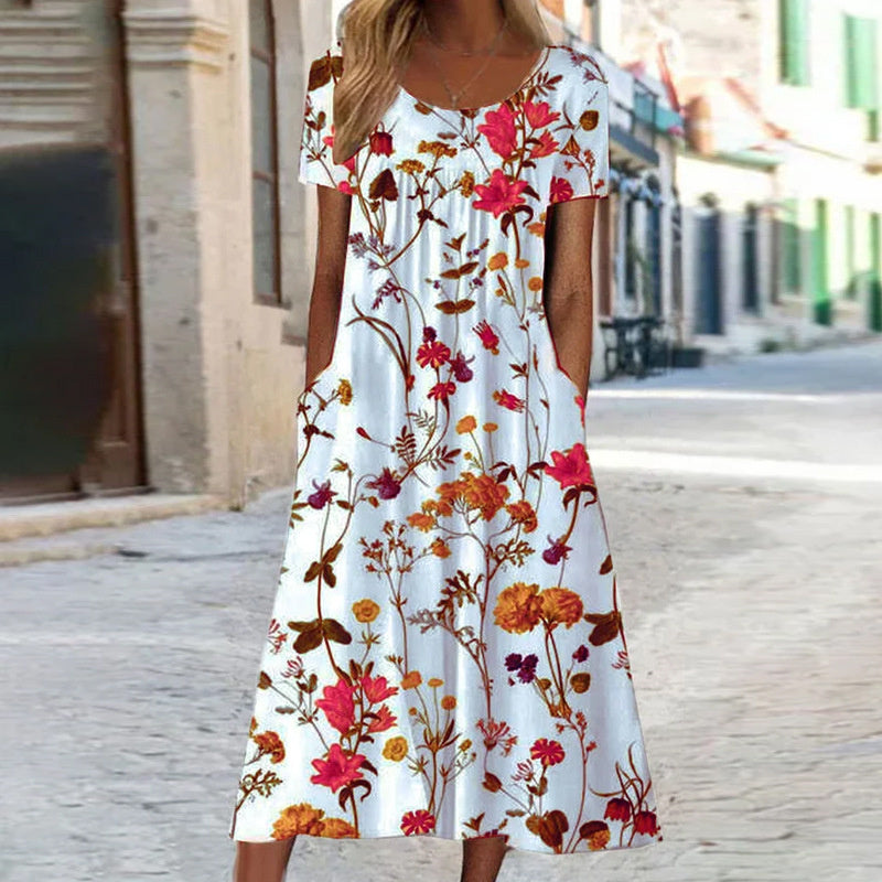 Women's Floral A-Line Dress with Round Neck and Side Pockets