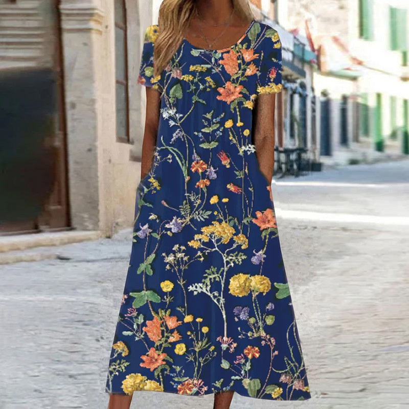 Women's Floral A-Line Dress with Round Neck and Side Pockets