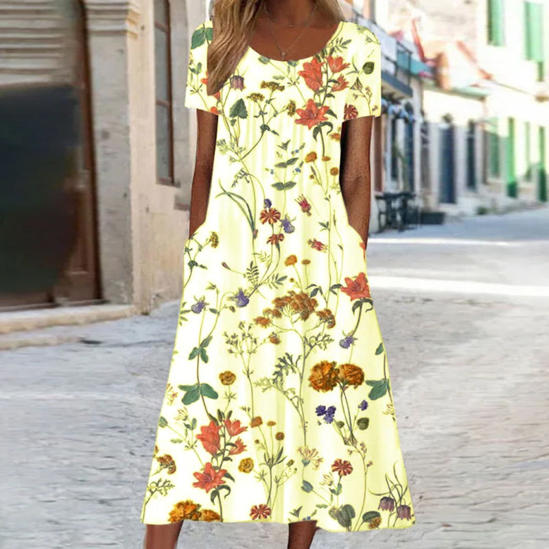 Women's Floral A-Line Dress with Round Neck and Side Pockets