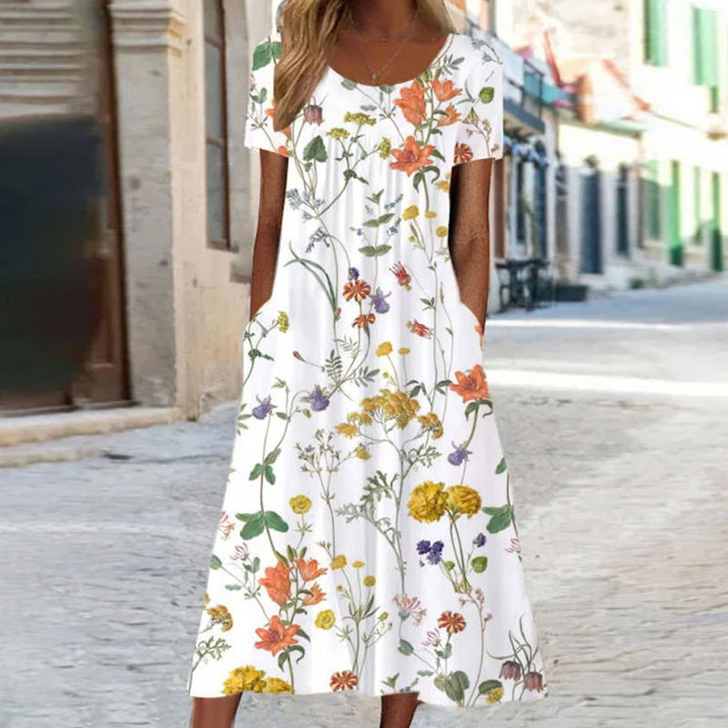 Women's Floral A-Line Dress with Round Neck and Side Pockets