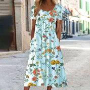 Women's Floral A-Line Dress with Round Neck and Side Pockets