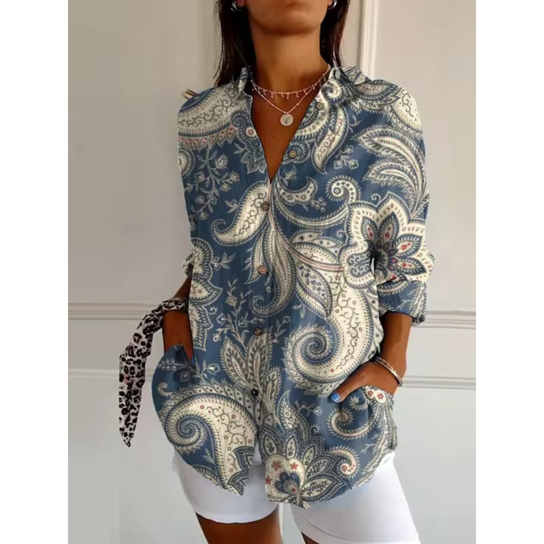 Women's Floral V-Neck Long Sleeve Button Down Shirt