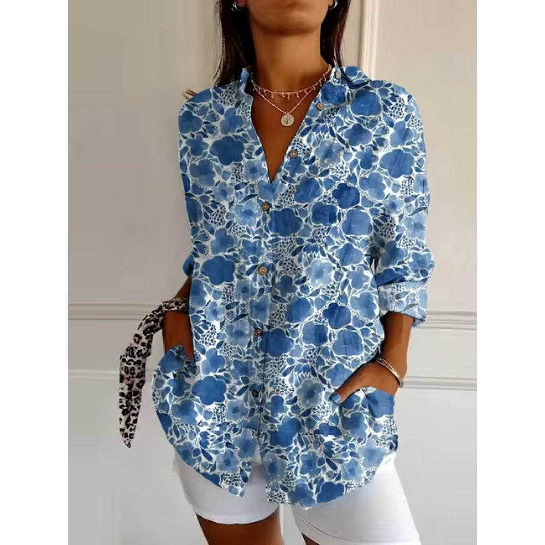 Women's Floral V-Neck Long Sleeve Button Down Shirt