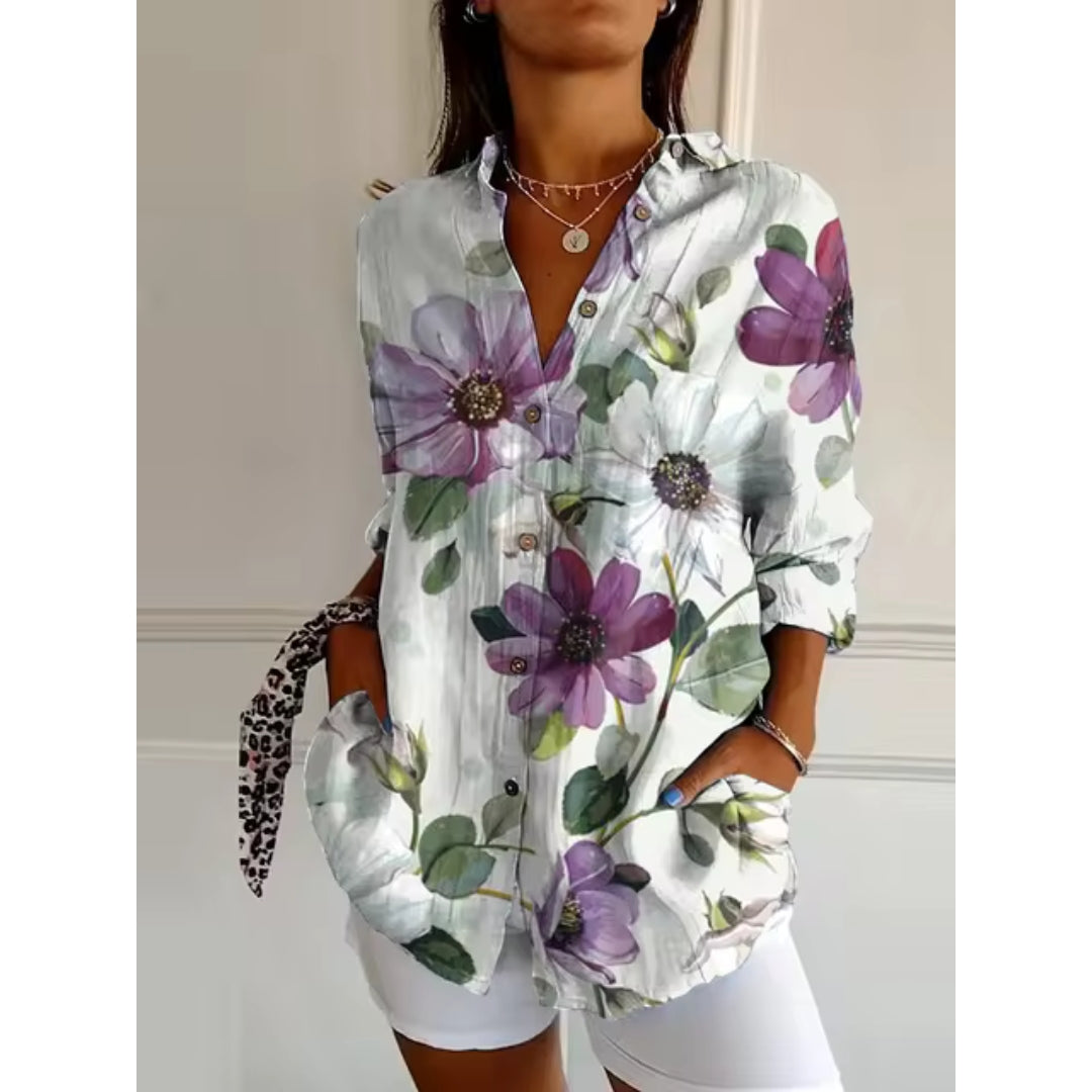 Women's Floral V-Neck Long Sleeve Button Down Shirt