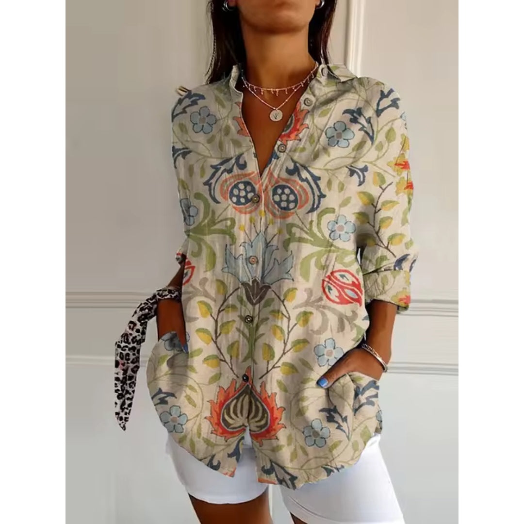 Women's Floral V-Neck Long Sleeve Button Down Shirt