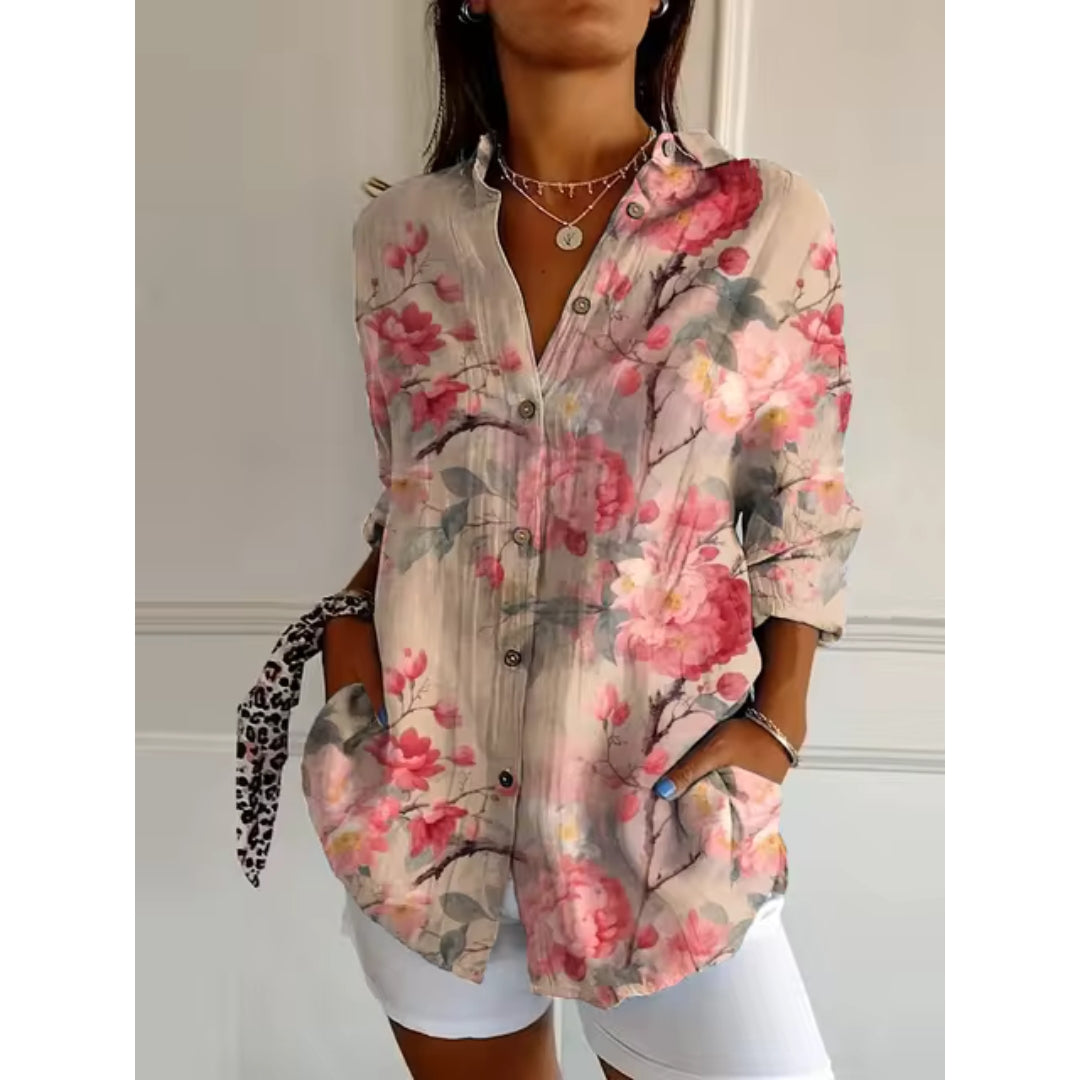 Women's Floral V-Neck Long Sleeve Button Down Shirt