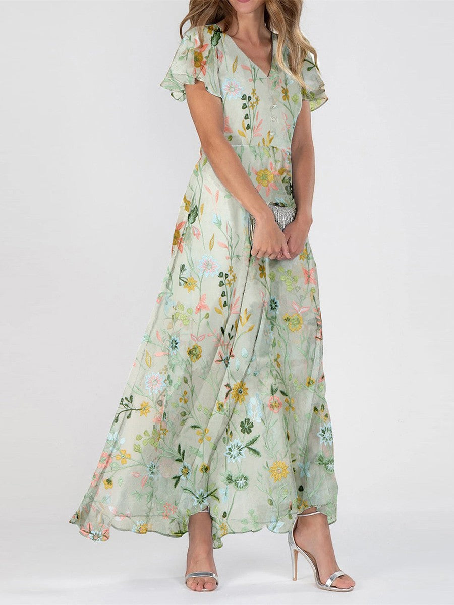 Women's Floral V-Neck Maxi Dress with Short Ruffle Hems