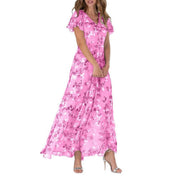 Women's Floral Maxi Dress with V-Neck and Short Ruffled Hems