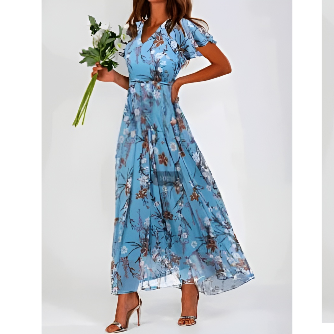 Women's Floral Maxi Dress with V-Neck and Short Ruffled Hems