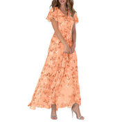 Women's Floral Maxi Dress with V-Neck and Short Ruffled Hems