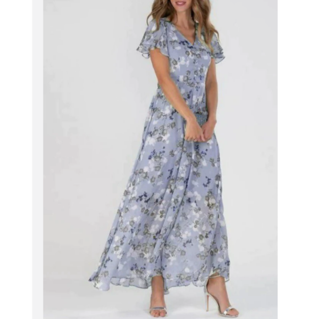 Women's Floral Maxi Dress with V-Neck and Short Ruffled Hems
