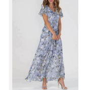 Women's Floral Maxi Dress with V-Neck and Short Ruffled Hems
