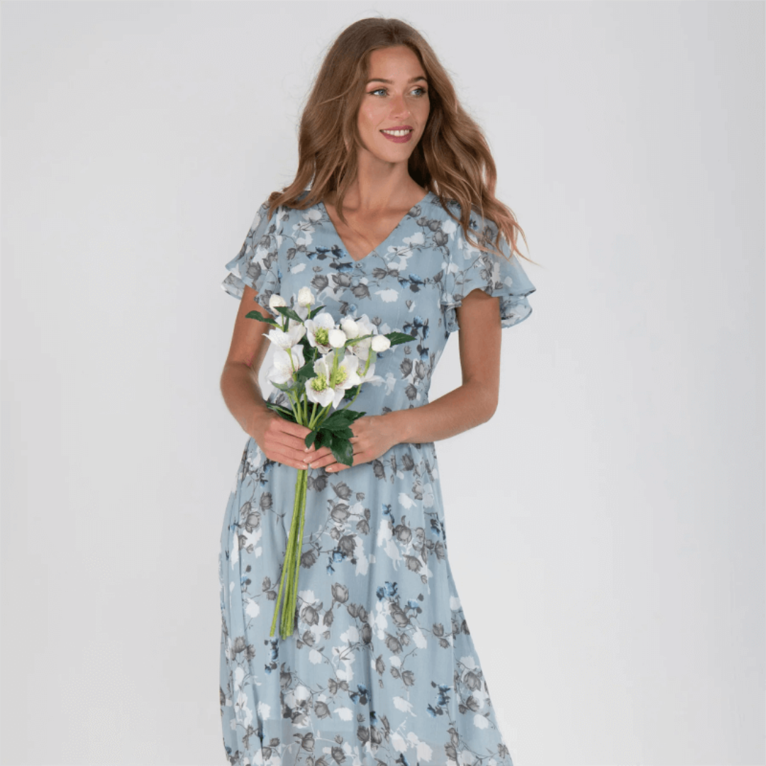 Women's Floral Maxi Dress with V-Neck and Short Ruffled Hems