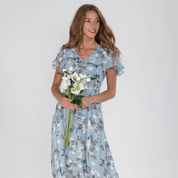 Women's Floral Maxi Dress with V-Neck and Short Ruffled Hems