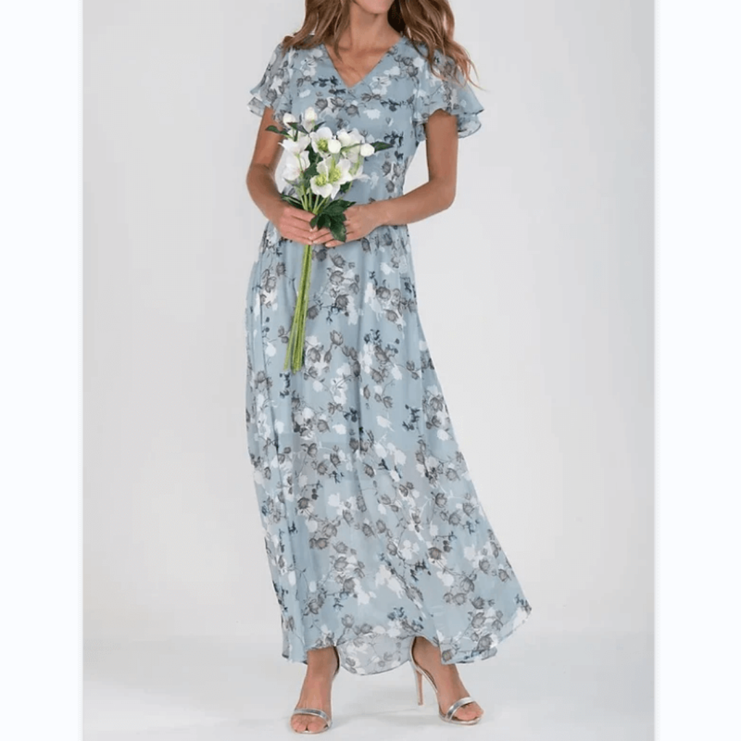 Women's Floral Maxi Dress with V-Neck and Short Ruffled Hems
