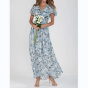 Women's Floral Maxi Dress with V-Neck and Short Ruffled Hems
