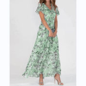 Women's Floral Maxi Dress with V-Neck and Short Ruffled Hems
