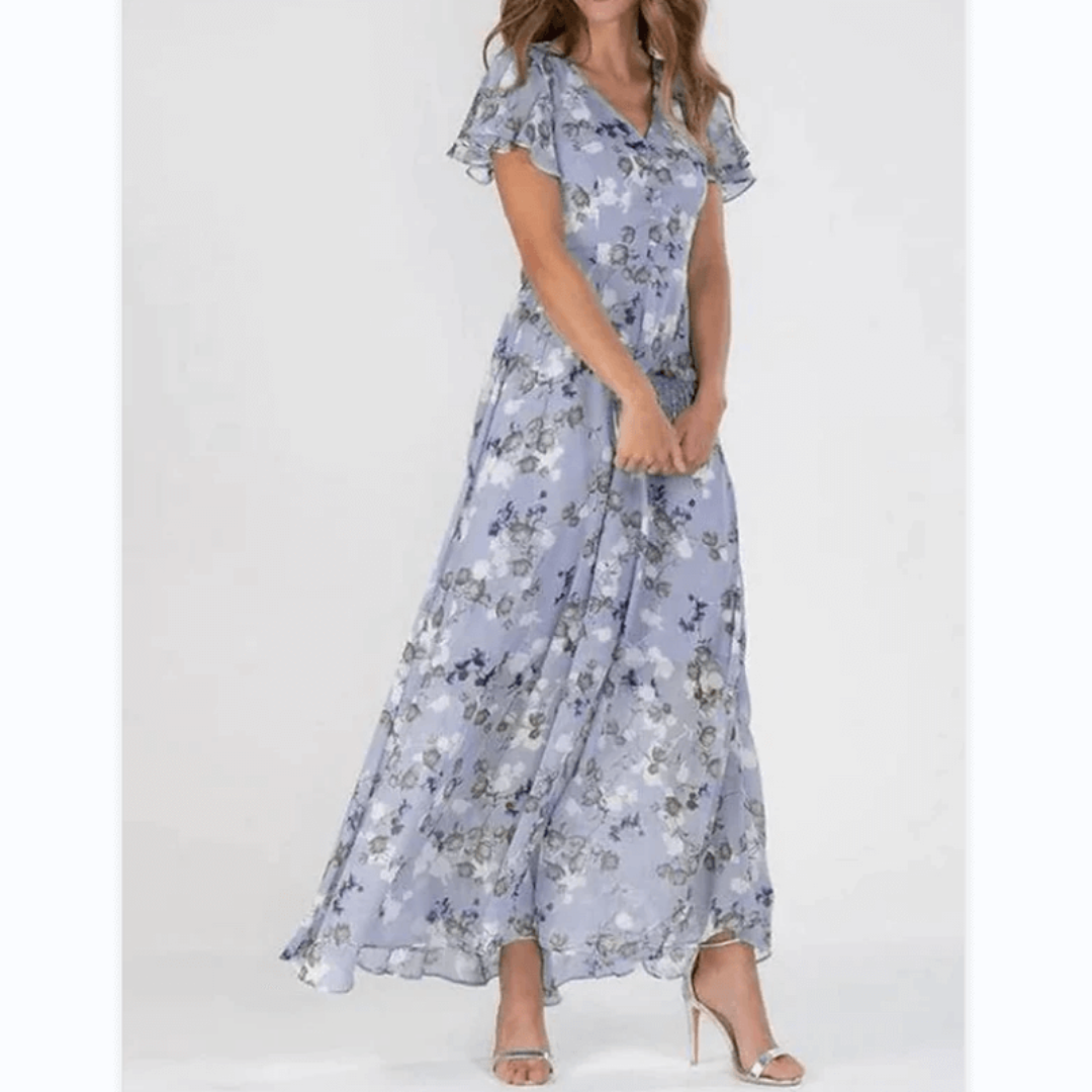 Women's Floral Maxi Dress with V-Neck and Short Ruffled Hems
