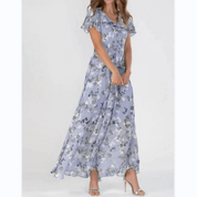 Women's Floral Maxi Dress with V-Neck and Short Ruffled Hems