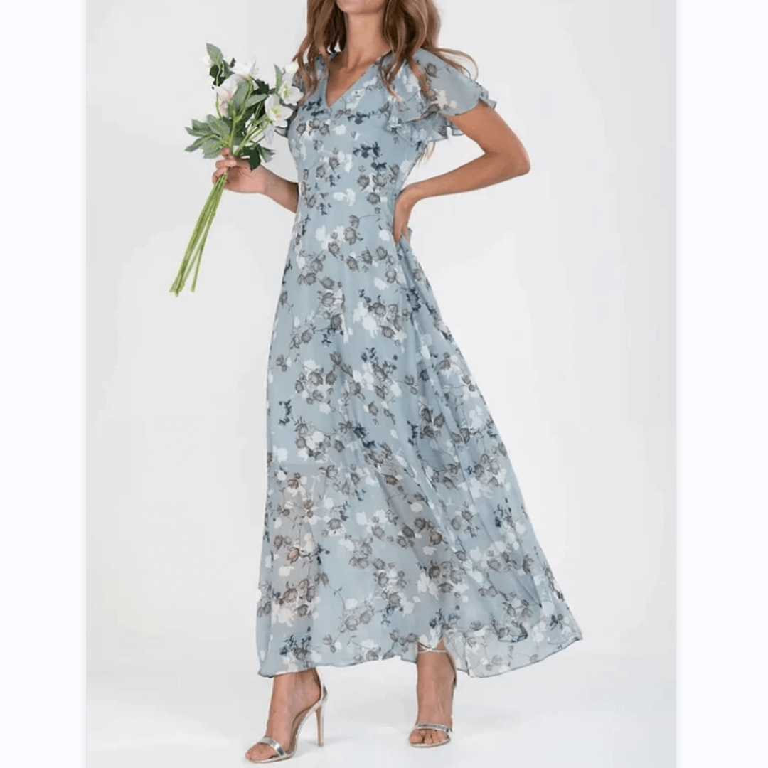 Women's Floral Maxi Dress with V-Neck and Short Ruffled Hems