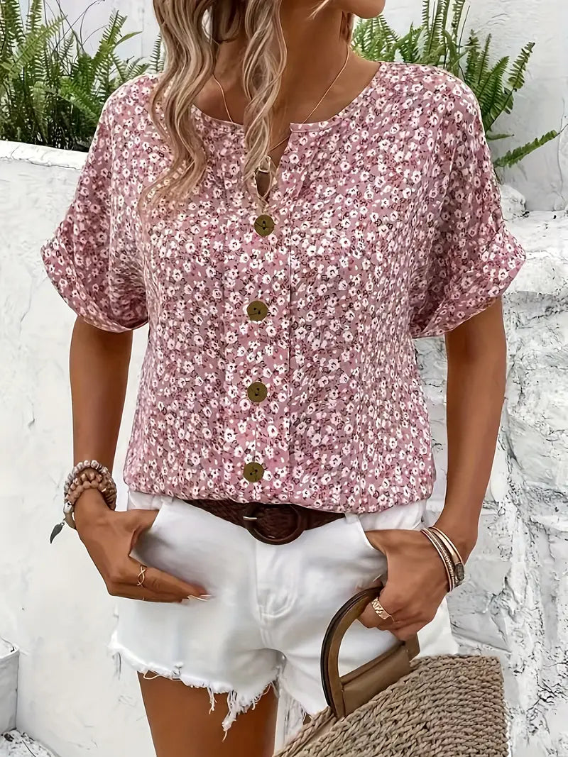 Women's Floral V-Neck Button-Down Top