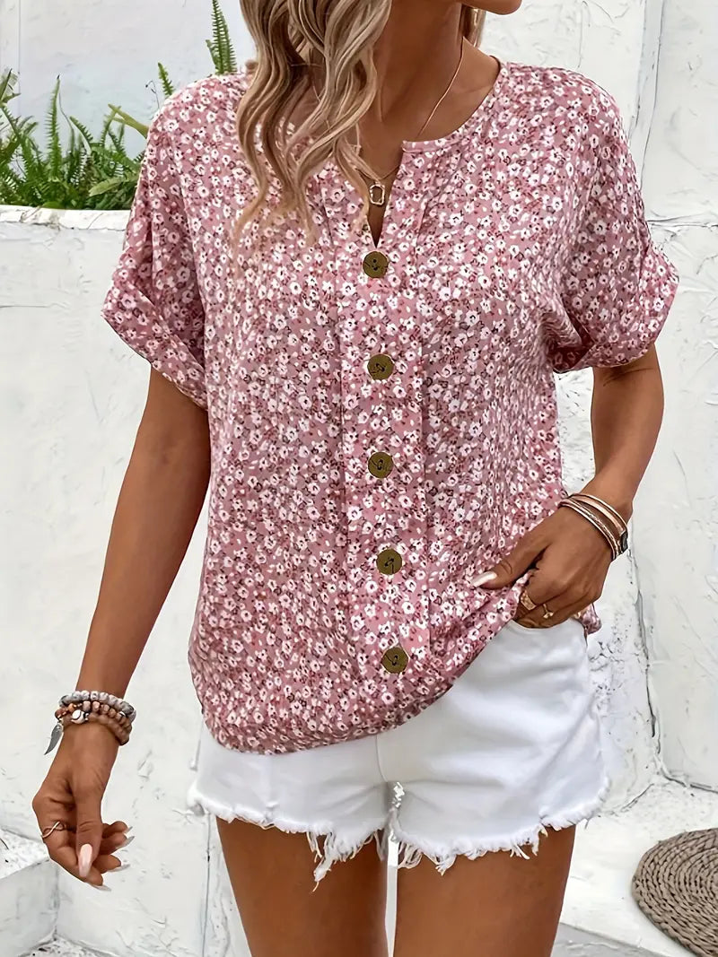 Women's Floral V-Neck Button-Down Top