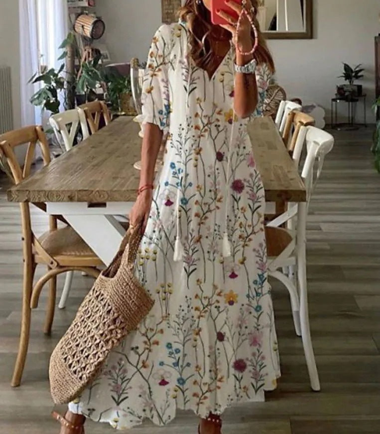 Women's Floral V-Neck Dress with Sleeves