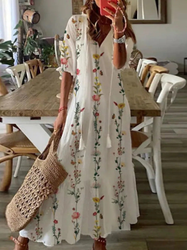 Women's Floral V-Neck Dress with Sleeves