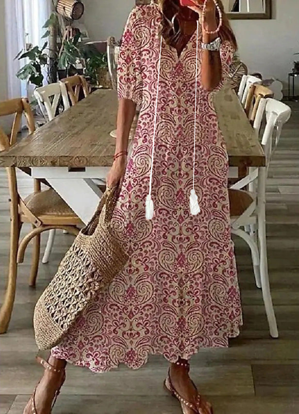 Women's Floral V-Neck Dress with Sleeves