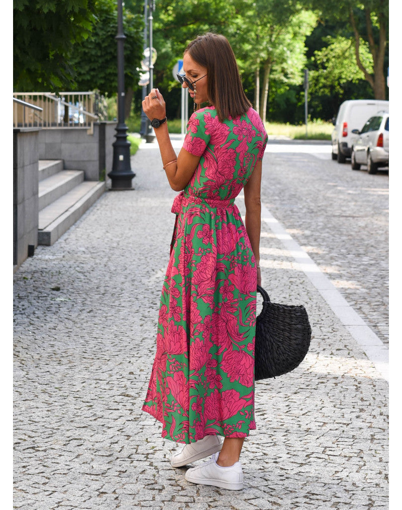Women's Floral V-Neck Dress with Tie Belt