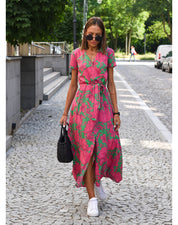 Women's Floral V-Neck Dress with Tie Belt