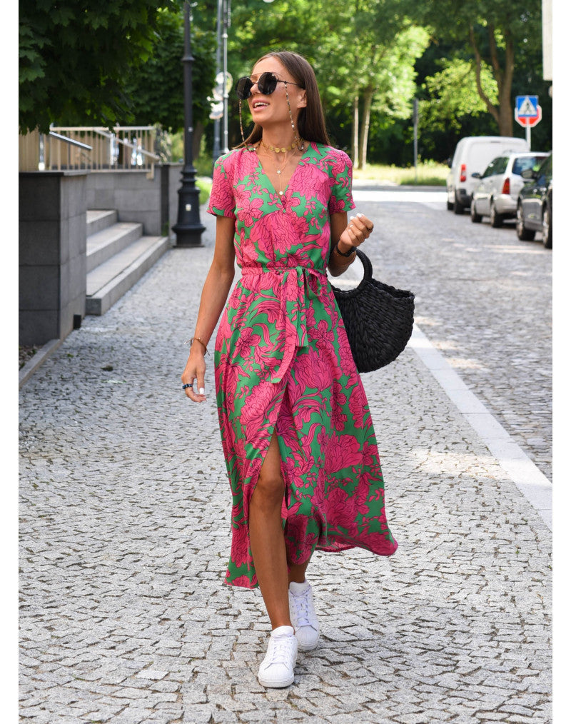 Women's Floral V-Neck Dress with Tie Belt