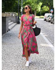 Women's Floral V-Neck Dress with Tie Belt