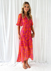 Women's Floral V-Neck Puff Sleeve Dress